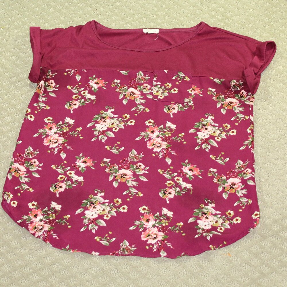 Mason & Belle Floral Print Top Pocket Casual Blouse Burgundy Size L